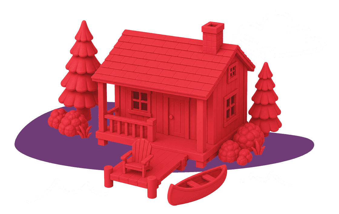 Red clay cabin with trees and a boat.